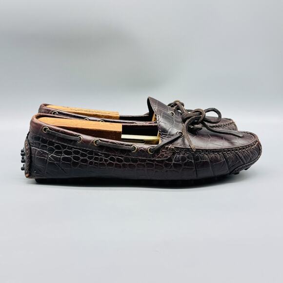 Cole Haan Shoes Mens 10 Brown Leather Driving Moc Loafers Croc Embossed Slip On - Picture 1 of 11